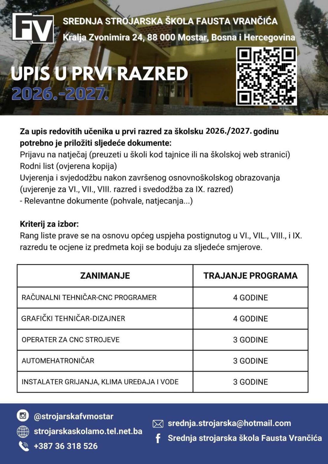 UPISI U PRVI RAZRED SREDNJE ŠKOLE  22.06.2026. GODINE OD 8:00 DO 14:00
